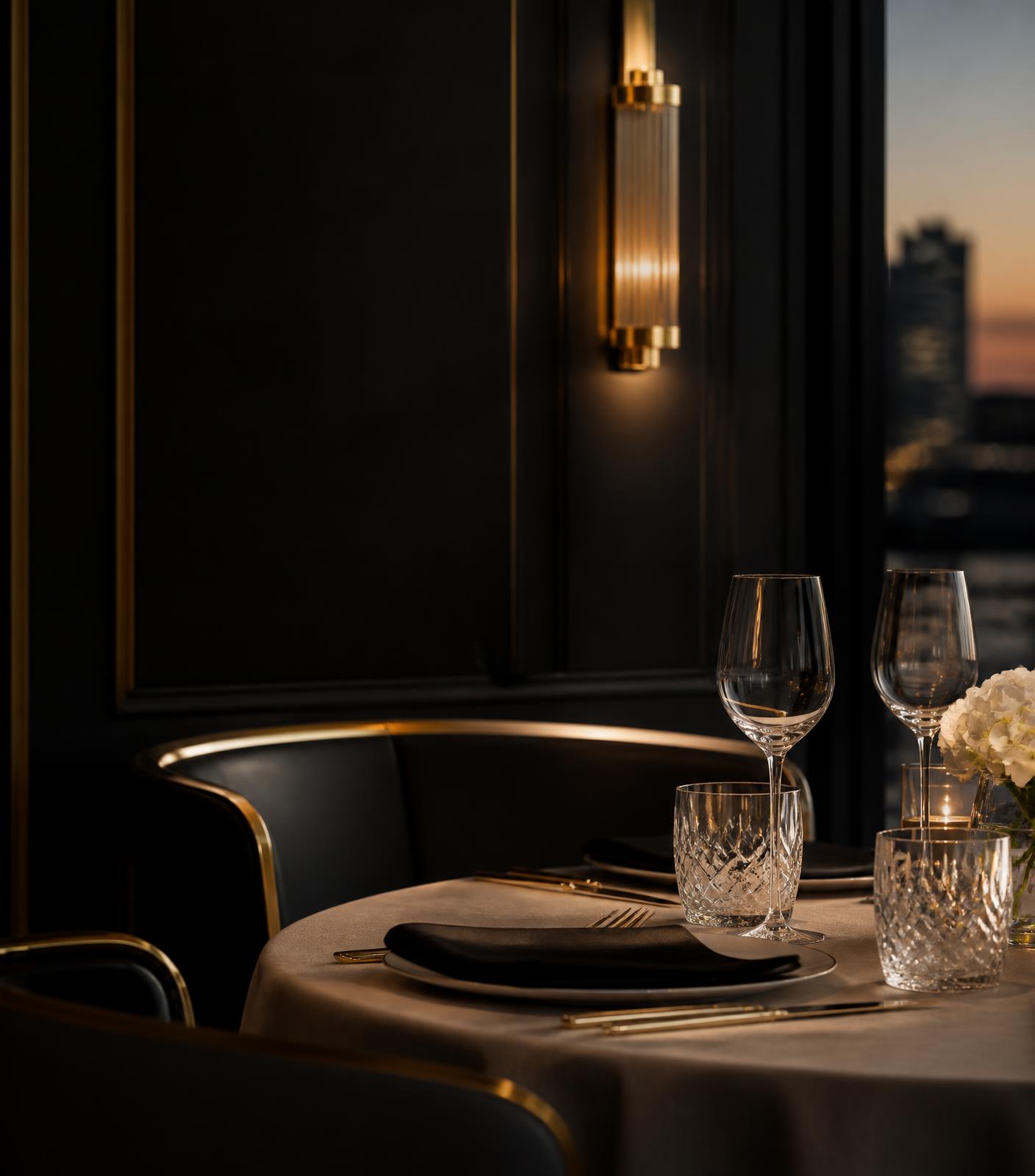 Candlelit table set with crystal glassware in a refined dining room at dusk